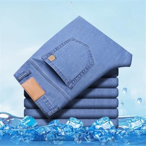Men's Ice Silk Jeans Summer Lyocell Thin Classic Business Casual Denim Pants Slim Fit Straight Elastic All Match Jean2