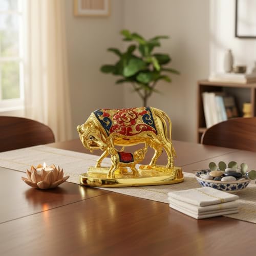 Image of Gold Meenakari Kamadhenu Cow with Calf Idol | Handcrafted Traditional Gold-Plated Holy Cow & Calf Statue | Vastu & Pooja Room Decor | Meenakari Gold Cow Idol | Size 21.5cm x 15cm x 11.5cm