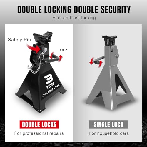 Image of Torin 3 Ton Steel Heavy Duty Jack Stands, Double Locking Pins Car Lift Jack, Black, 2 Pack