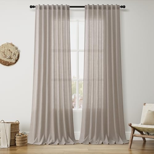 Image of Nanspring Linen Curtains 90 Inch Long for Living Room Back Tab Stone Beige