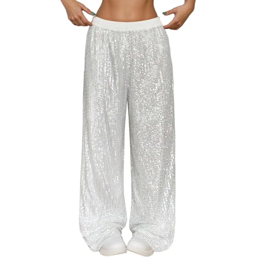 Pantalon à paillettes taille haute chic coupe droite