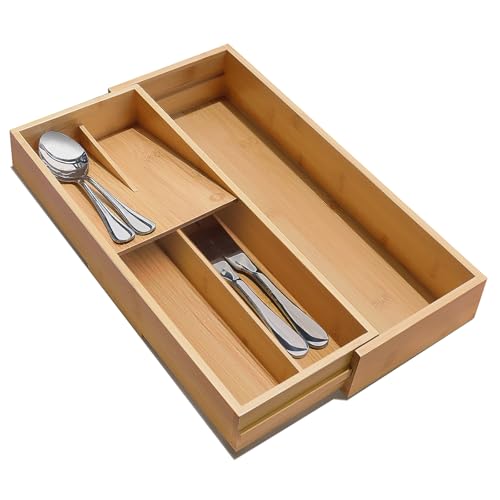 guiogc Organizador expandible de bambú para cajones de cocina, organizador de cubiertos, soporte para utensilios y bandeja de cubiertos para organizadores de cubiertos y utensilios de cocina
