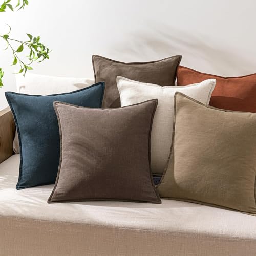 Image of Decorative Linen Solid Throw Pillow Covers 20x20 Inch Set of 2 Reddish Brown Boho Accent Farmhouse Pillows Modern Neutral Home Decor for Couch Sofa Living Room Bed