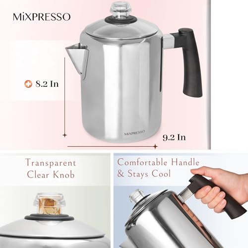 Mixpresso Stainless Steel Coffee Percolator Stovetop, 37oz Classic Percolator Coffee Pot, Great For Camping Pot, 5-8 Cup Stove Top Espresso Maker, Cool-Touch Handle