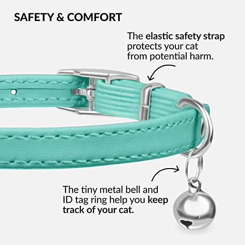 Collardirect Leather Cat Collar With Elastic Safety Strap And Bell For Boy, Girl, Kitten (Neck Fit 9"-11", Mint Green) #TOP2