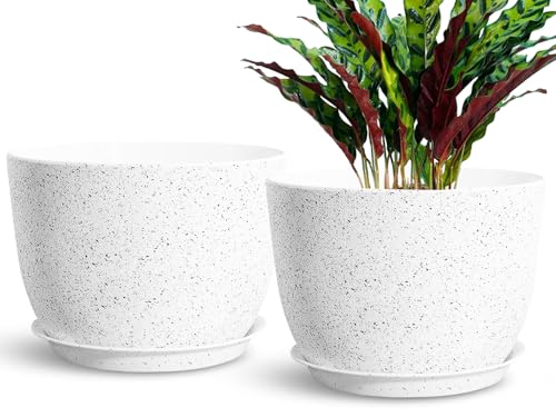 SE SUN-E 2 confezioni di grandi fioriere da interno 30CM, vasi da fiori moderni per piante da esterno, fioriere in plastica bianca maculata con fori e vassoi