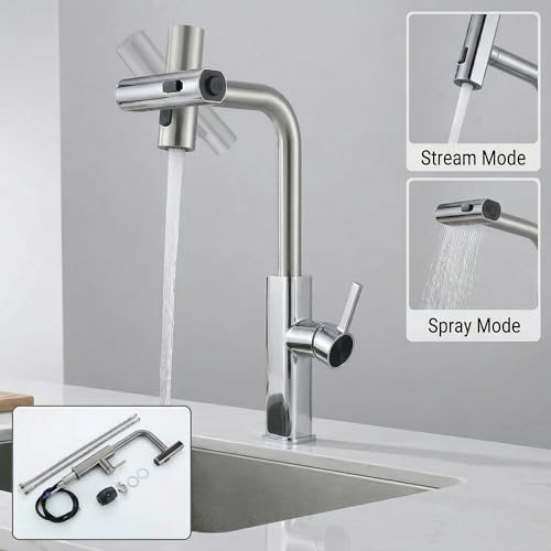 Image of InArt 360 Rotatable Brass Kitchen Faucet, Pull Out Kitchen Faucet with Waterfall Design (Chrome)