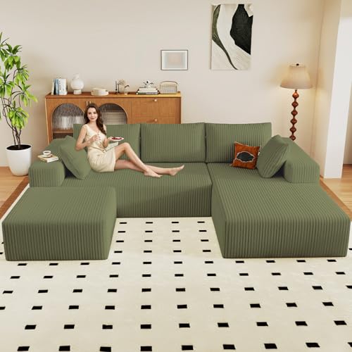 Image of 96 inch U-Shape Cloud Couch, Modern Modular Sectional L-Shape Sofa with Ottoman, Corduroy Upholstered Couches Deep Seat Sleeper Chaise Longue for Living Room, No Assembly Required(Green, Right Facing)