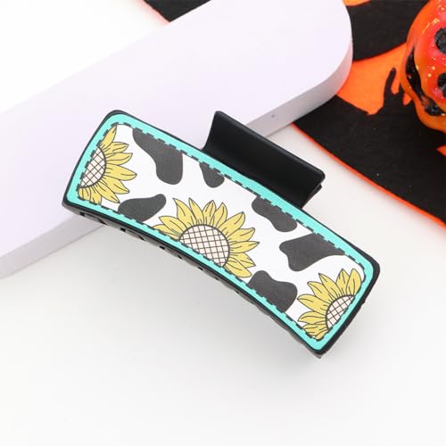 Image of PALAY Hair Claw Clip 4 Inch Black Leather Print Sunflower Design