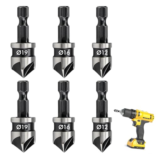 DAQUN 6 Pcs Countersink Drill Bit, Countersink Drill Bits, 1/4 Inch Hex Shank 12mm/16mm/19mm 5 Flute 90 Degree for Woodworking, Wood, Plywood, Mdf(2 of Each of Three Sizes)