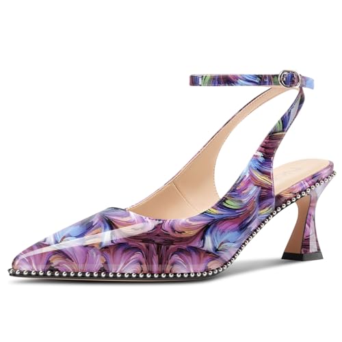 Image of NobleOnly Womens Slingback Heels Beaded Pumps Ankle Strap Pointed Toe Kitten Heels Dress Shoes 2.6 Inches