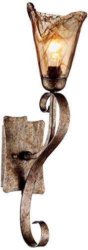 Image of Franklin Iron Works Amber Scroll Rustic Wall Sconce Lighting Golden Bronze Metal Hardwired 23 1 /2 inch High Fixture Amber Art Glass Cottage Core Decor for Bedroom Bathroom Bedside Home (Colors May Vary)