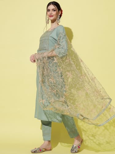 Image of VredeVogel Women Cotton Slub Straight Kurta Set With Pant and Net Embroidery Dupatta