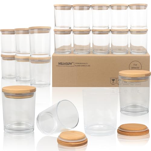 MILIVIXAY Paquete de 20 tarros de cristal grueso transparente de 7 onzas con tapas, tarros vacíos a granel para hacer velas, recipientes de especias y polvo.