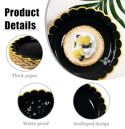 Image of HEIPINIUYE 50 Pieces Black Paper Plates with Gold Foil 9 Inch Disposable Black Scalloped Dinner Plates for Wedding Baby Shower Birthday Party Dessert Plate