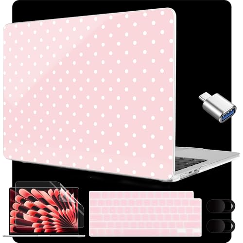 Image of MEEgoodo for M5 /M4 /M3 /M2 MacBook Air 15 inch Case 2026 2025 2024 2023, Case Fit Model (A3448 /A3241 /A3114 /A2941) for MacBook Air 15.3 inch, Pink & Polka Dots