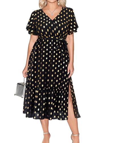 Women's Plus Size Dress for Wedding Guest - Semi Formal Cocktail Holiday Gold Dot Midi Dresses