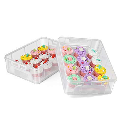 Flexzion Cupcake Carrier, Cupcake Holder For 24 Cupcakes, Portable And Reusable Rectangular Cake Carrier With Lid And Handle, 2 Tier Stackable Layer Insert (Clear) #TOP4
