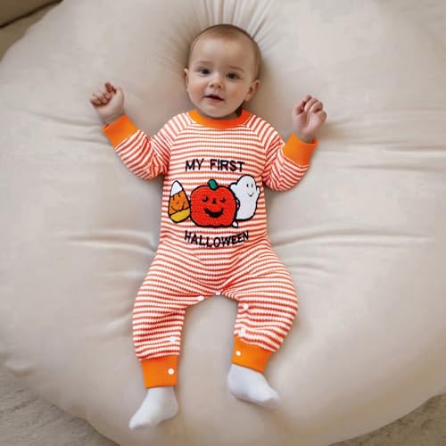 Baby Girl Thanksgiving Day Romper Long Sleeve O Neck Pumpkin Embroidery Striped Jumpsuit3