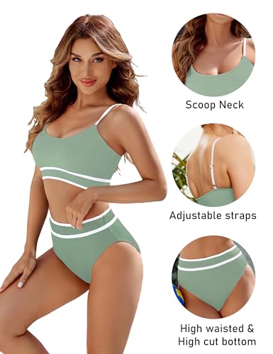 Image of BMJL Women's High Waisted Bikini Ribbed Two Piece Swimsuit High Cut Color Block Adjustable Straps Bathing Suit