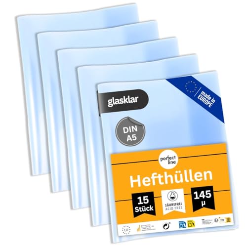 perfect line 15 Hefthüllen DIN-A5 Glas-Klar & Extra-Stark Heftumschlag transparent Heftschoner aus recyclebarem PP dokumentenecht