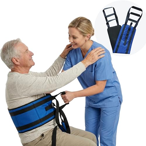 Image of Transfer Sling, Upgraded with Metal Buckle, 6 Reinforced Straps with Hand Grips, Lift & Standing Aid for Caregivers, Elderly & Disabled, Transfer Belt for Home Use (Blue, Large)