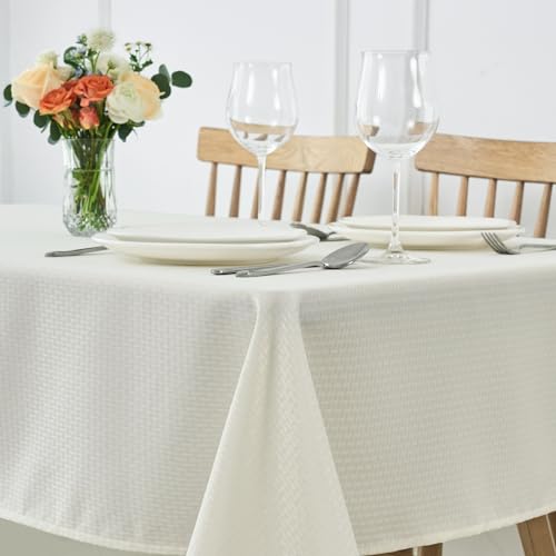 Image of maxmill Square Jacquard Tablecloth Waterproof Spillproof Wrinkle Resistant Soft Weaved Design Table Cloth for Dinner and Party Washable Fabric Cover, Indoor and Outdoor Use, 60 x 60 Inch, Ivory