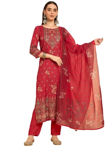 Image of SheWill Kurta Sets for Women - Red Rayon Aari Hand Work with Digital Floral Print Kurta with Pant and Chanderi Dupatta |Stylish Printed Summer Kurti Set