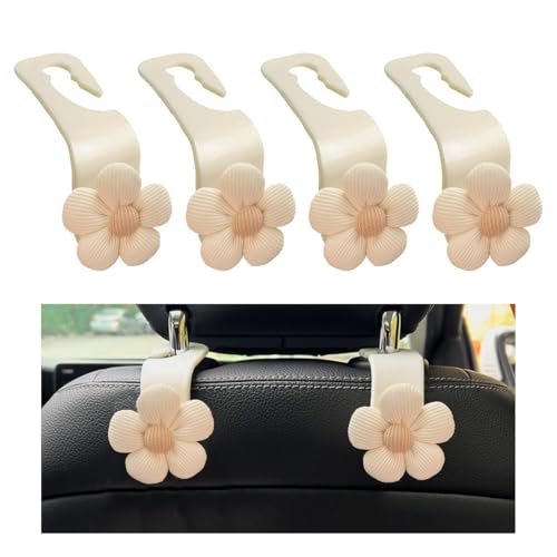 SHMZK 4 PCS Car Seat Headrest Hooks, Cute Flower Car Seat Back Organizer Bag Holder Hooks, Automotive Seat Hook Hanger Storage Organizer for Purse Cloth Grocery Bags, Car Accessories (White)