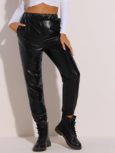 Allegra K Women's Metallic Trousers Christmas Shiny Sparkle Elastic Waist Holographic Pants3