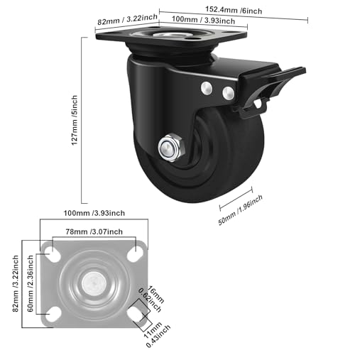 W B D WEIBIDA 4-inch Heavy Duty Plate Swivel Caster Wheel, Low Gravity Center Design Black Caster Wheels with Brake Load Capacity 7000lb, Durable & Quiet & Sturdy Nylon Wheels for Industrial, Set of 4