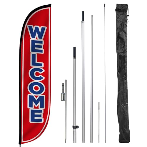 Image of LookOurWay Feather Flag Set, 12 ft Advertising Flag with Fiberglass Poles and Ground Spike for Business Promotion, Welcome (Red)