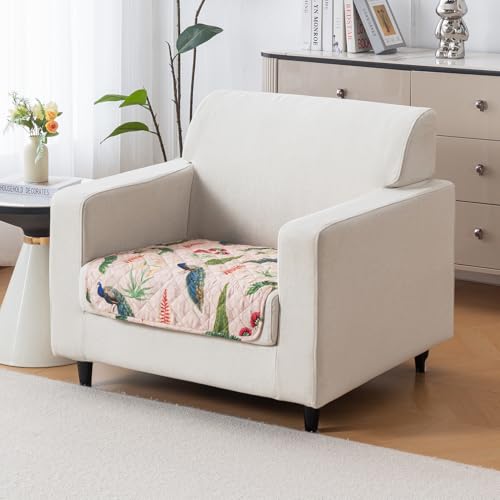 Image of House of Quirk 'Mughal Series' Printed Quilted Sofa Cover for 1 /2 /3 /4 Seater - Anti-Slip, Washable Couch Protector Slipcover (One Seater, Royal Peacock, 80x60 cm)