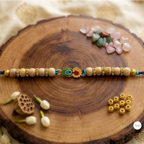 Image of Original Tulsi Rakhi for Brother | Handmade Natural Tulsi Beads Rakhi | Sacred Raksha Bandhan Rakhis for Boys | Traditional Spiritual Rakhi Gift