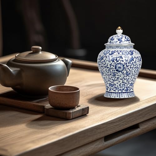 Tarros de jengibre azul y blanco de cerámica con tapa para decoración 7