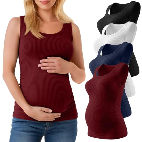 Ficerd 4 Pack Women's Maternity Tank Tops, Side Ruch Sleeveless Cotton Pregnancy Shirts Casual Ribbed Basic Maternity Clothes(Black, White, Navy Blue, Wine Red,Small)
