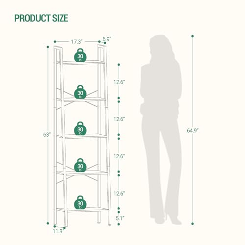 Image of Hzuaneri 5-Tier Ladder Shelf, Bookshelf Bookcase, Freestanding Corner Storage Shelve with 2 Hooks for Home Office, Living Room, Kitchen, Bedroom, Industrial, Greige and Black BC19205B