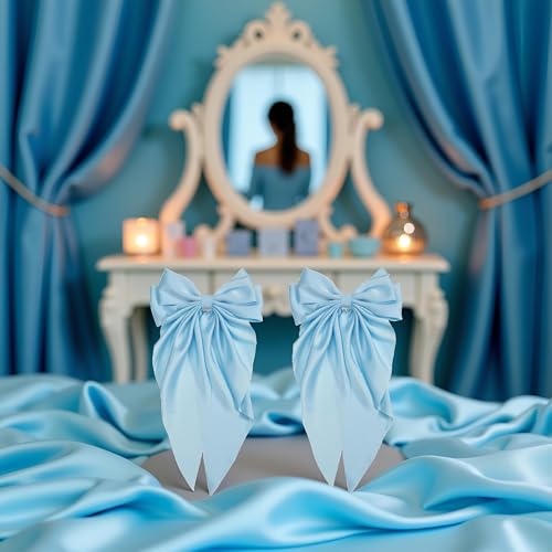2 Pinzas de Pelo con Lazo Jumbo de Satén Seda, Clips franceses metálicos grandes para Mujeres y Niñas, Azul Claro miniatura 4
