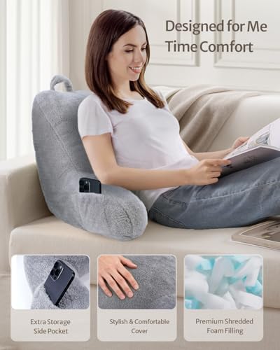 Image of Blissful Diary Plush Velvet Reading Pillow for Kids /Teens /Adults, Back Rest Pillow for Sitting Up in Bed with Shredded Memory Foam, Includes Arms and Washable Cover, Light Gray