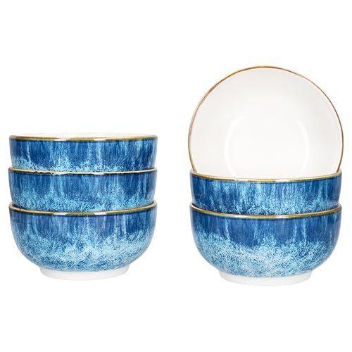 MamboCat Marina Lot de 6 bols à céréales, 14 cm, 400 ml, en porcelaine bleue, au design maritime, pour 6 personnes, décor océan, embruns I Bols pour salade, soupe, céréales, chips, etc.