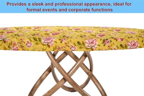 Image of The Furnishing Tree Elastic Cotton Round Dining Table Cover 36x36 in Inches Floral Pink Rose on Yellow Base
