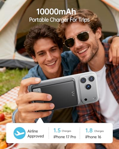 Image of iWALK Magnetic Wireless Power Bank 10000mAh, Slim Portable Charger with 20W PD Cable Fast Charging, Metal Kickstand, LED Display, MagSafe Compatible Battery Pack for iPhone 17 /16 /15 /14 /13 /12 Series
