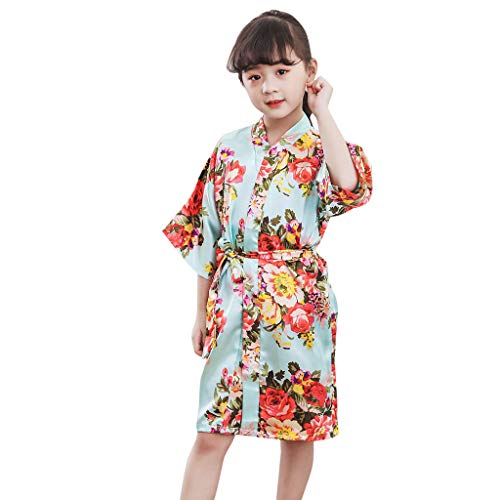 Lucoo Toddler Baby Kid Girls Floral Silk Satin Kimono Robes Bathrobe Sleepwear Clothes (6, Mint Green)