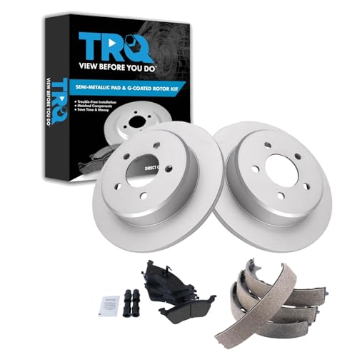 Image of TRQ Rear Brake Pad and Rotor Set Semi Metallic Coated Rotors Parking Shoe Compatible with 2001-2007 Chrysler Town & Country Dodge Caravan Grand Caravan