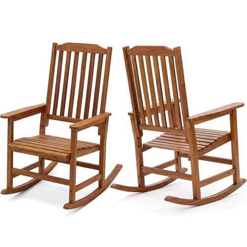 Devoko Outdoor Rocking Chair Acacia Wood Porch Rocking Chairs Outdoor Chairs with Widened Armrest for Porch Poolside Balcony and Yard Natural (2-Piece Chairs Set)