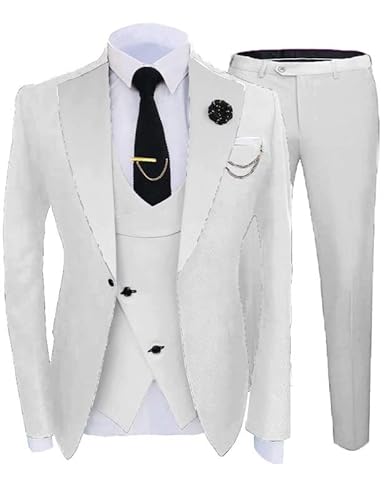 Fashion Tuxedo For Men Slim Fit Prom Suits 3 Piece Wedding Blazer Vest Pant Tuxedos Formal White #TOP8