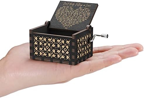 Huntmic Can't Help Falling in Love Wood Music Box, Antique Engraved Musical Boxes Case for Birthday Present Kid Toys Hand-Operated (Black)