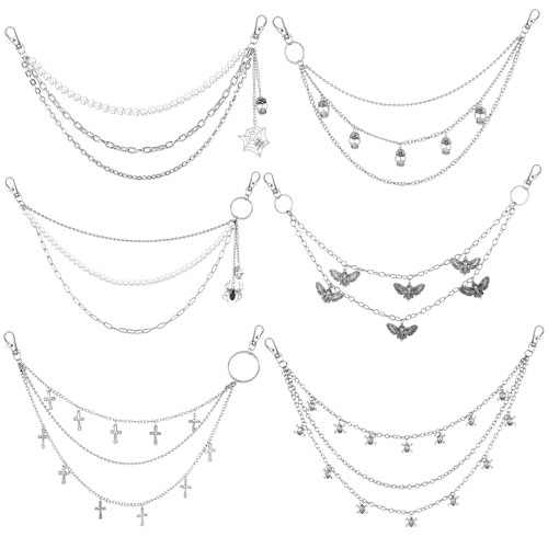 6 Pieces Punk Pants Chain Belt Multilayer Metal Wallet Chain with Spider, Skull & Cross Charms, Y2k Hip Hop Accessories for Men & Women, Gothic Jeans Decor