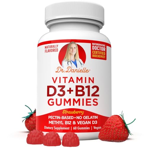 Vitamin D3, B12 Gummies by Dr. Danielle, Vegan Daily Supplement for Adults & Kids, Non-GMO, Vitamin D3 1000 IU & 250 mcg Vitamin B12, 2 Month Supply (60 Gummies)