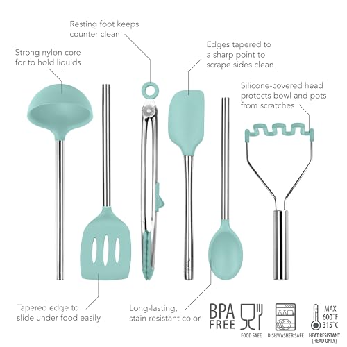 Image of Tovolo Silicone Cooking Utensil Set of 6 Stainless Steel Handle Ladle Slotted Turner Tongs Flex Core Spatula Scraper Mixing Spoon & Masher, Dishwasher Safe BPA Free Utensils, Aqua Seafoam Green